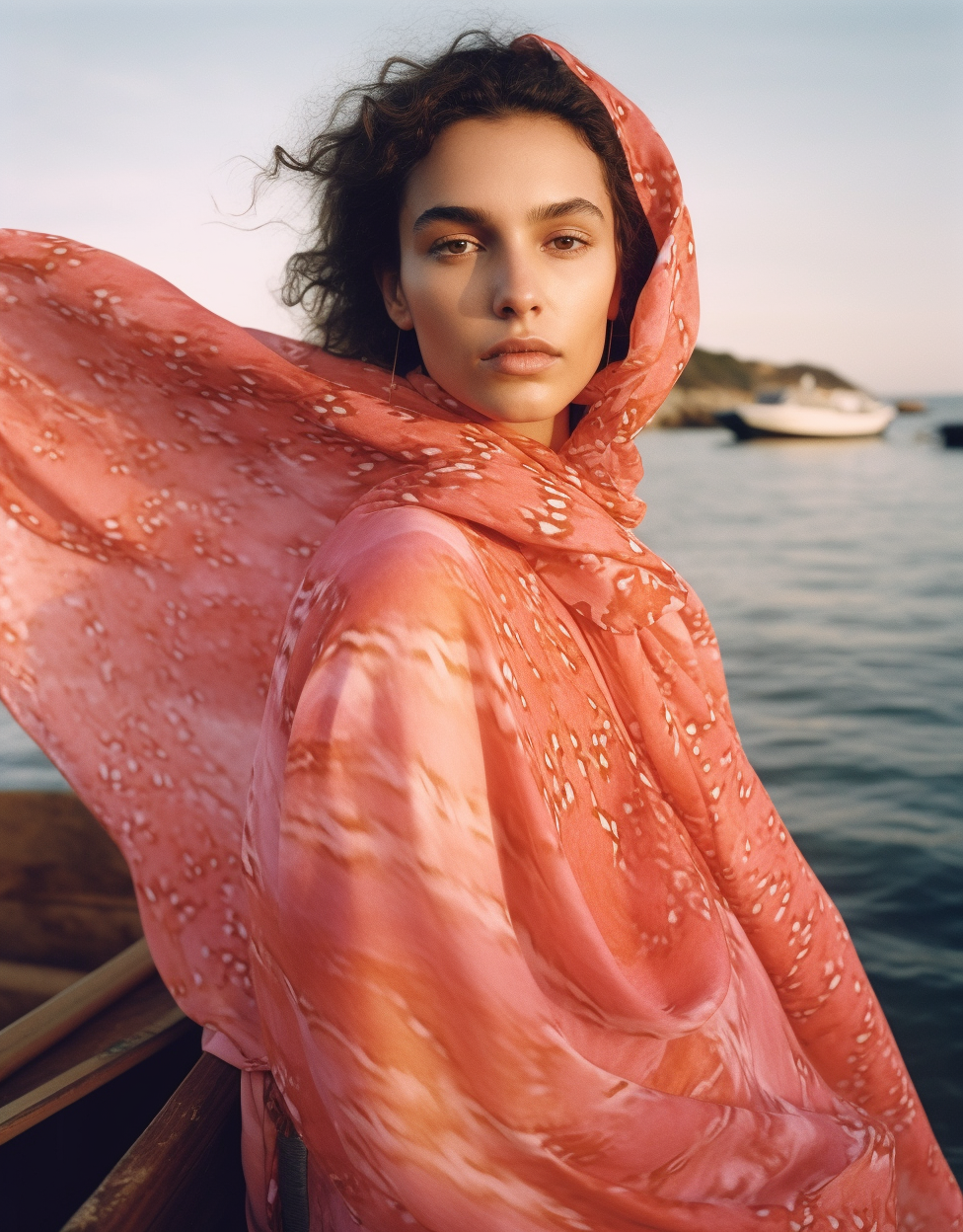 AI-generated image of a woman by the water wearing a pink and red patterned scarf, showcasing Mediterranean-inspired style with Midjourney