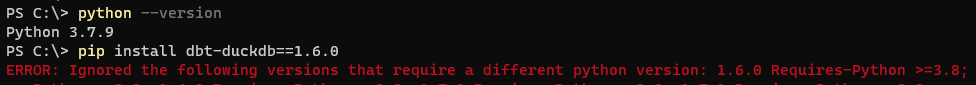 Python error while installing dbt-duckdb with python 3.7.9