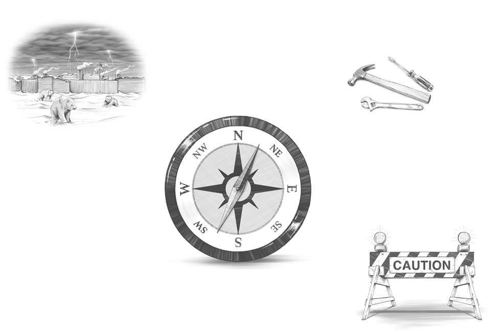 A collage of illustrations of a compass, a caution barrier, hand tools, and bears roaming outside a wooden fence during a lightning storm