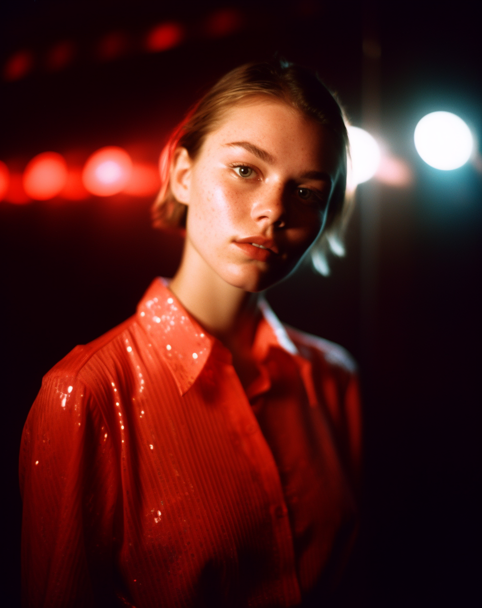 Close-up AI-generated portrait of a woman with a sequined red blouse and neon lighting, designed using Midjourney