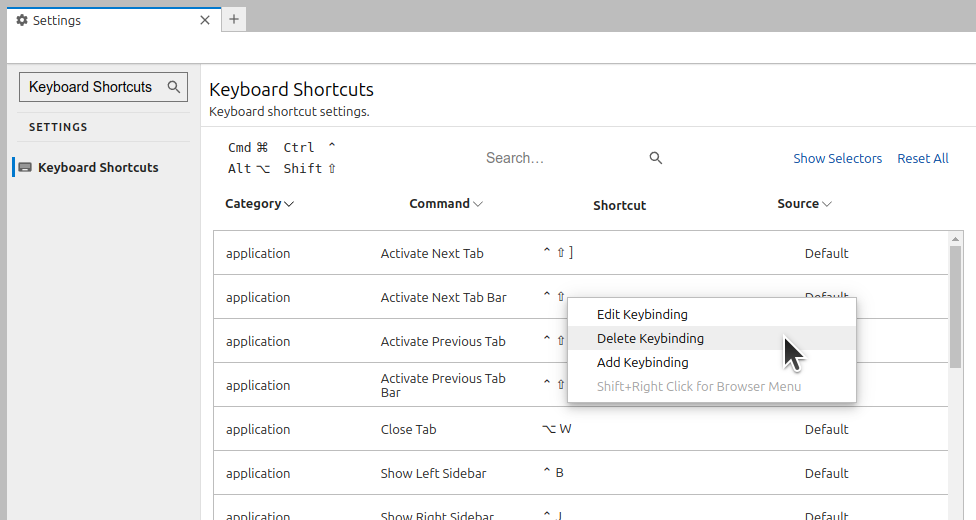 Delete shortcut key binding option in modal.