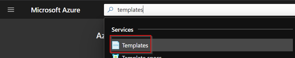 Microsoft Azure Portal, showing the search bar searching for templates.