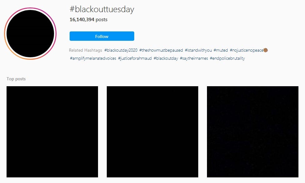 Um printscreen da hashtag blackouttuesday no instagram