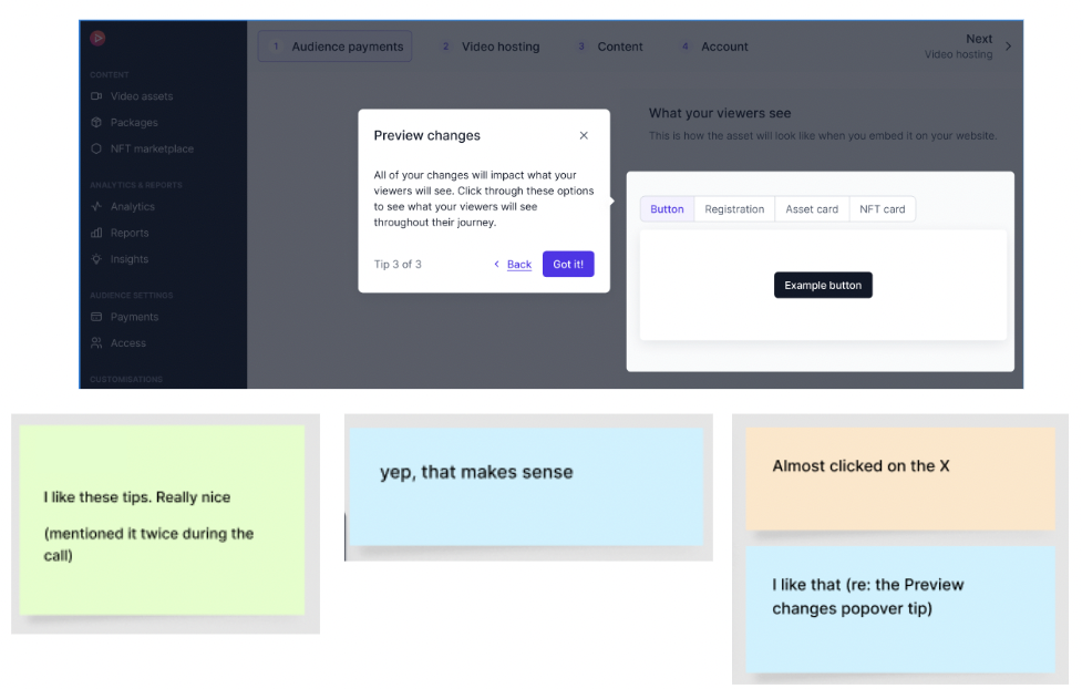 A screenshot of the design containing a popover tips on what is a “preview” of their actions, and sticky notes of the customer feedback that they liked those tips