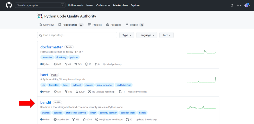 https://github.com/orgs/PyCQA/repositories?page=1&type=all