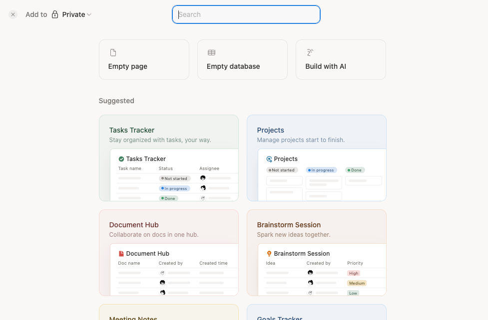 Notion new page screen with three starting buttons (Empty page, Empty database, Build with AI) above a Suggested gallery of six template cards with mini-previews: Tasks Tracker, Projects, Document Hub, Brainstorm Session, Meeting Notes, Goals Tracker