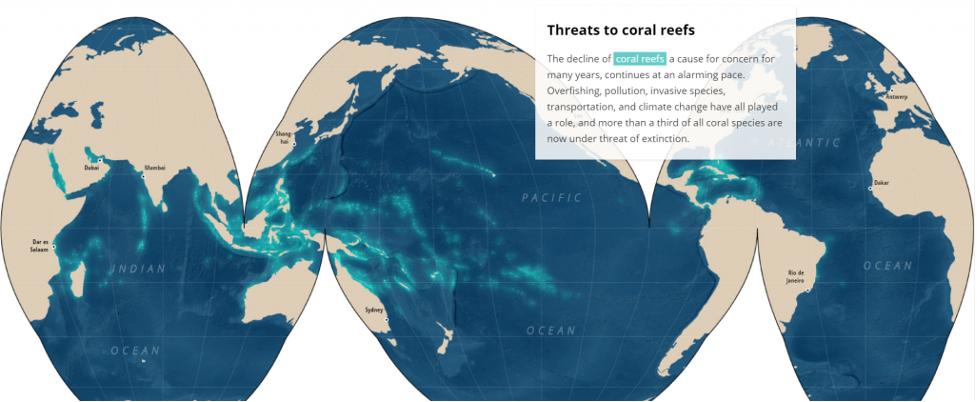Map of the world, centered on the Pacific Ocean, highlighting areas where coral reefs are threatened
