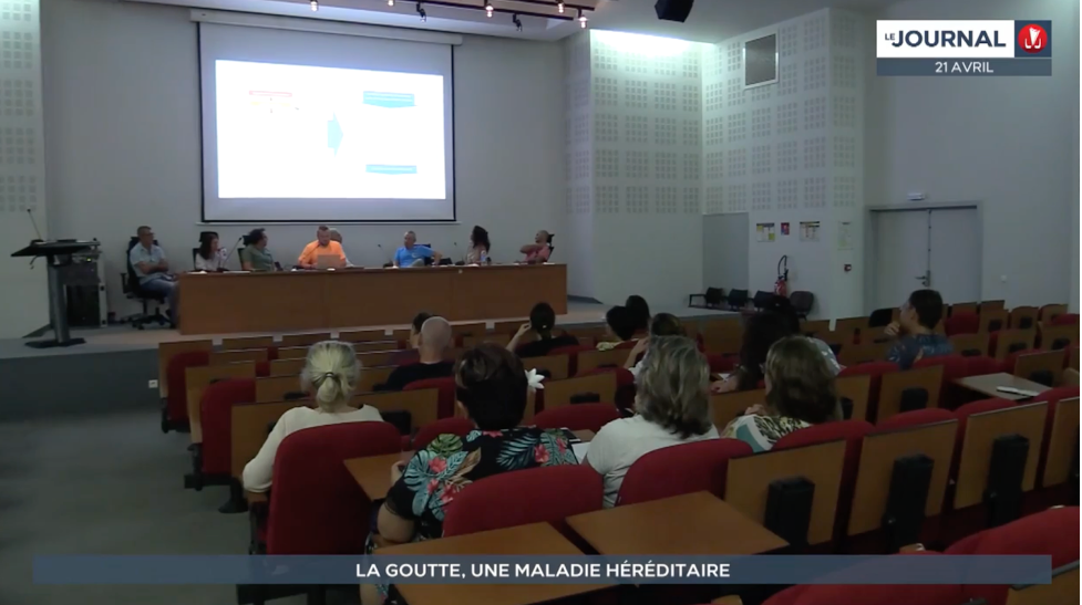 Tristan Pascart (on stage wearing an orange T-shirt) presenting the results of the study to healthcare professionals in Tahiti. April 2023.