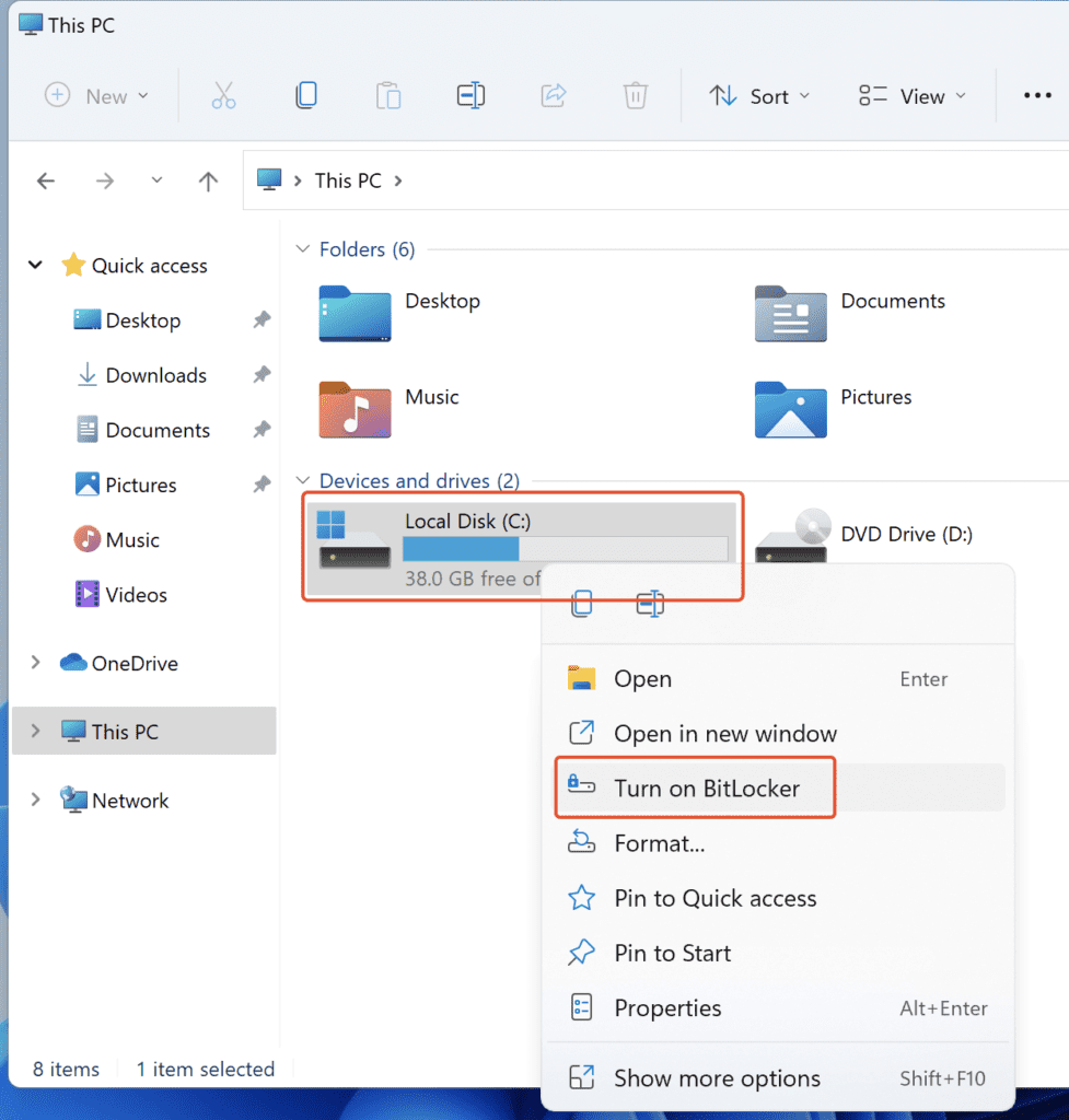 Right click on the drive and click on ‘Turn on BitLocker’.
