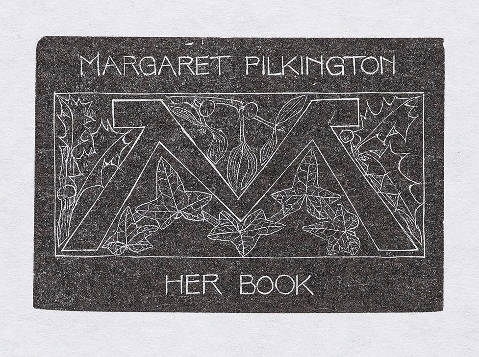 Print of woodcut made by Margaret as her bookplate with the letter M surrounded by various leaves, c.1914.