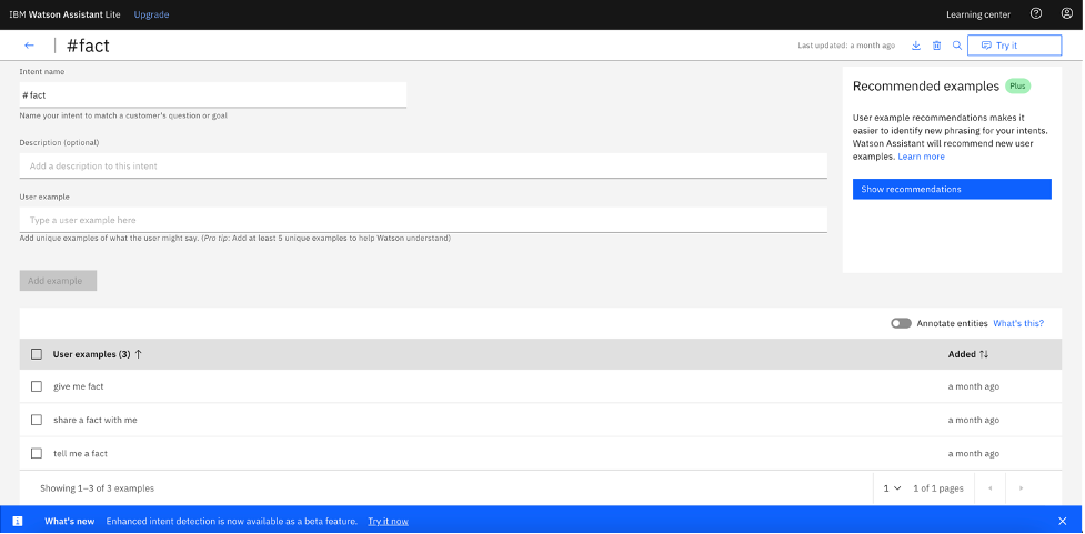 screenshot of creating the #fact intent with Watson Assistant