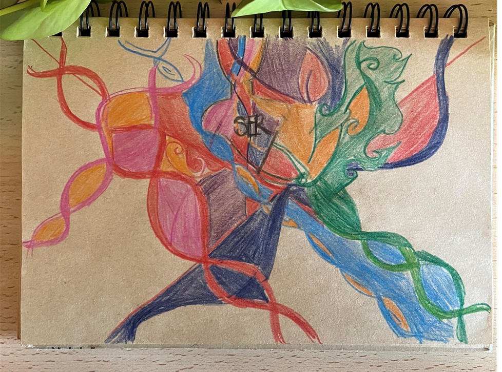 A colorful abstract drawing depicting a person.