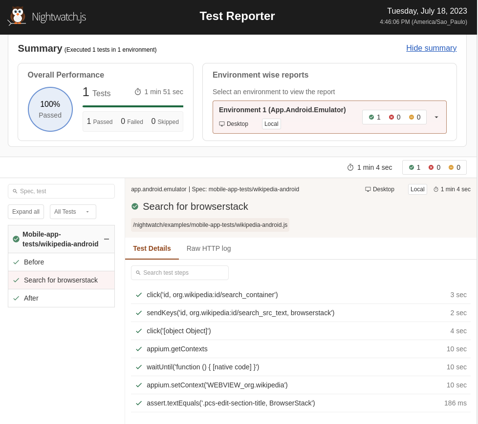 Test Report in .HTML — with information about test status, performance, test steps details and HTTP requests, the enviroment used, and a option to filter tests as passed, failed or skipped