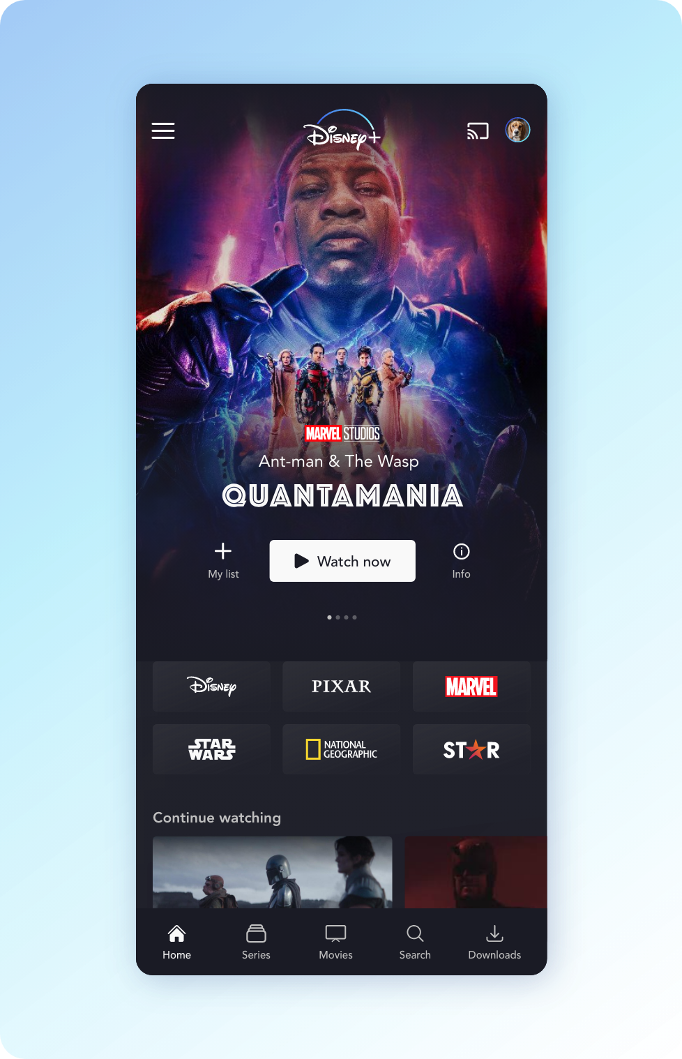A complete mockup of my Disney+ redesign, featuring Marvel’s Ant-man and the Wasp: Quantamania, Disney’s collections, the shows users could continue watching and the new top and bottom navigation.