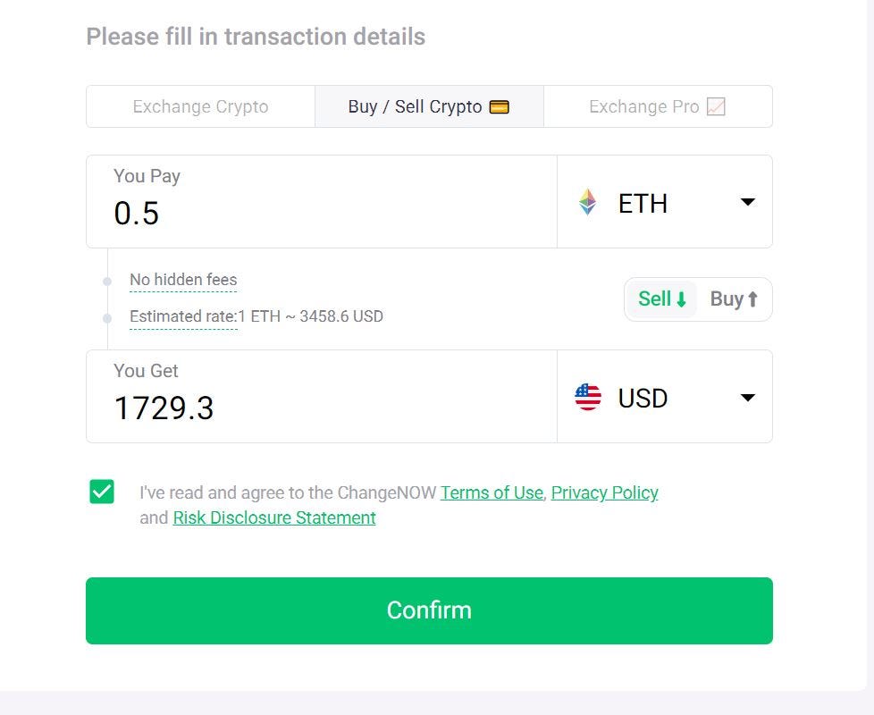 Convert ETH for USD on ChangeNow