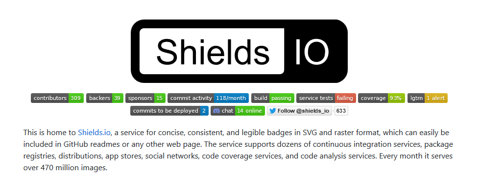Shields.io Github page with many badges
