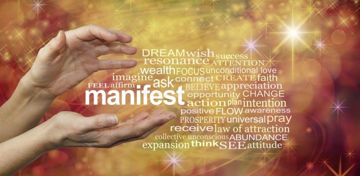 Two hands holding the word “manifest,” along with other associated words, against a red and yellow sparkly background.