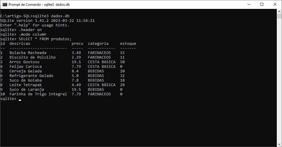 Prompt comandos SQLite listando os registros da tabela produtos.