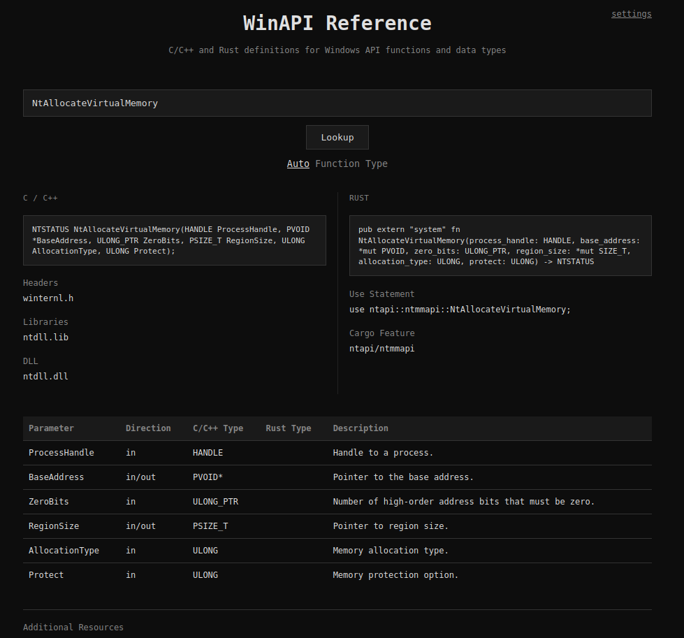 C/C++ and Rust definitions for Windows API functions and data types
