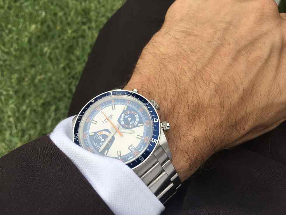 Tudor Heritage Chrono ‘Monte Carlo’ Blue wrist shot with suit.