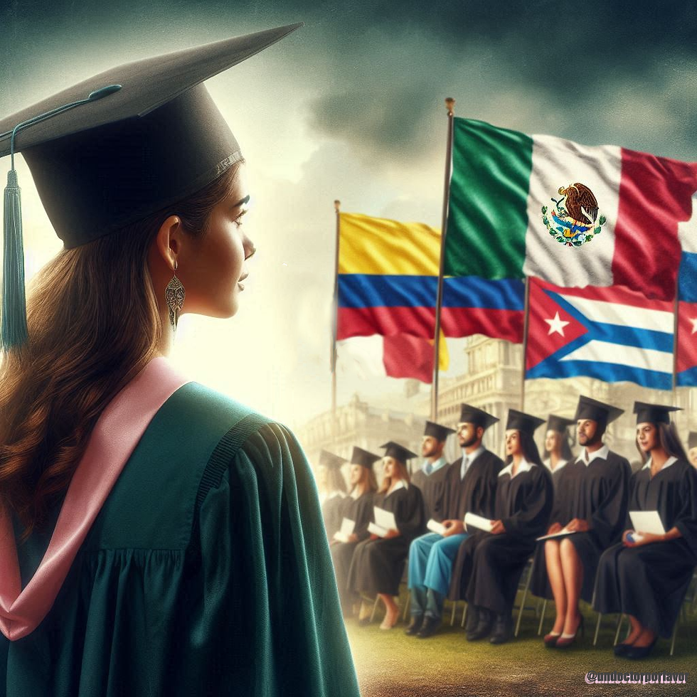 A graduating student looking at her classmates and flags of several Latin American countries