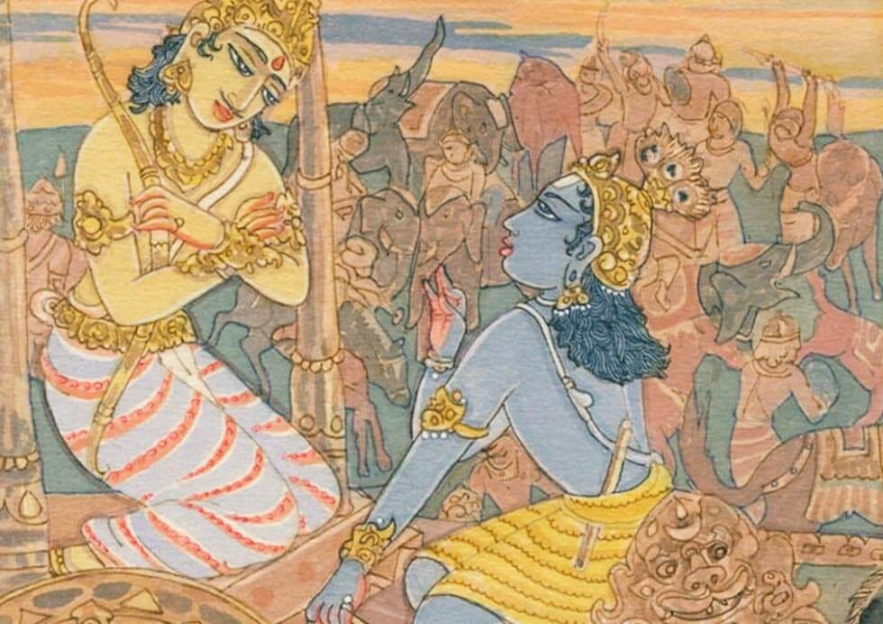 A painting of Lord Krishna and Arjuna Gitopadesham: The Song Divine