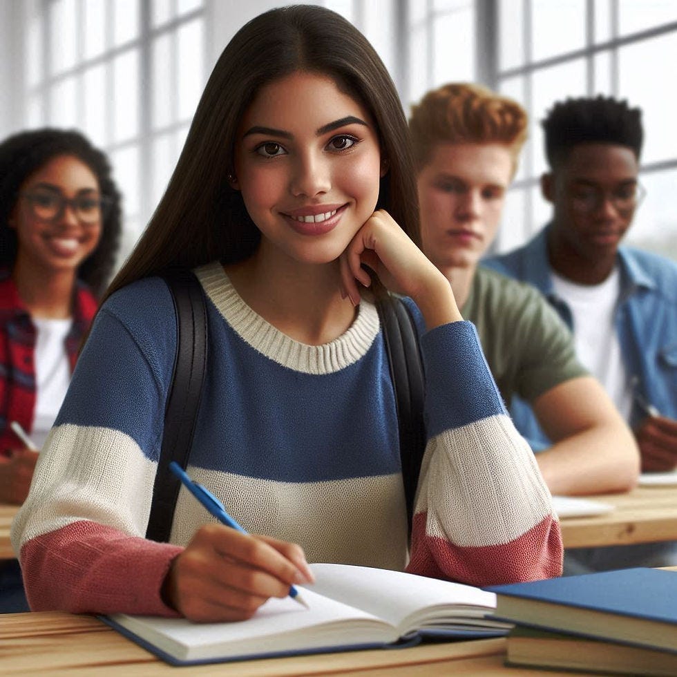 A Latina student sitting at her desk in college