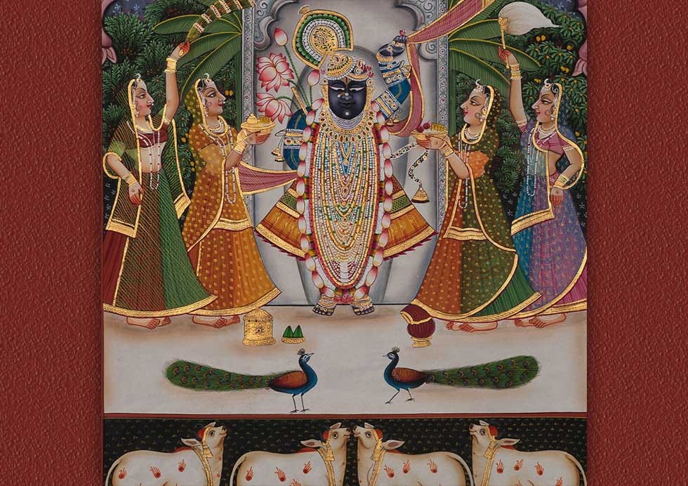 A Pichhwai painting of Lord Shrinathji with gopis and peacockes
