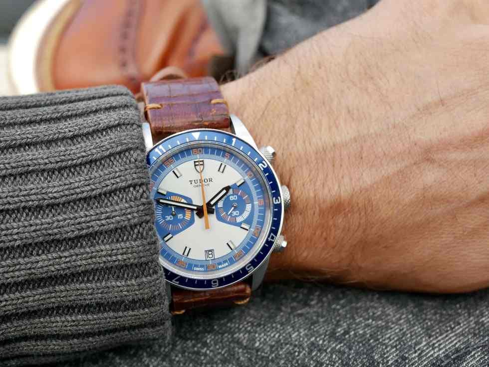 Tudor Heritage Chrono ‘Monte Carlo’ Blue wrist shot.