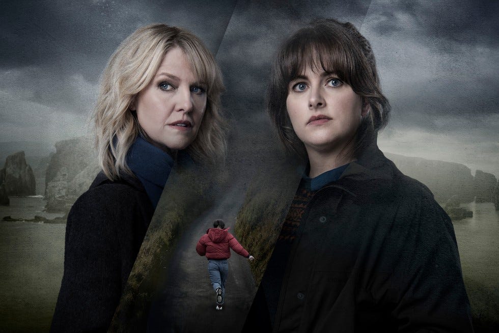 An image showing three women transposed onto an image of the Shetland coast. On the left is a blonde woman in a blue scarf and black coat, on the right is a brunette woman in a black coat. Transposed between them is the figure of a girl in a red coat and jeans running away from the camera down a country lane.