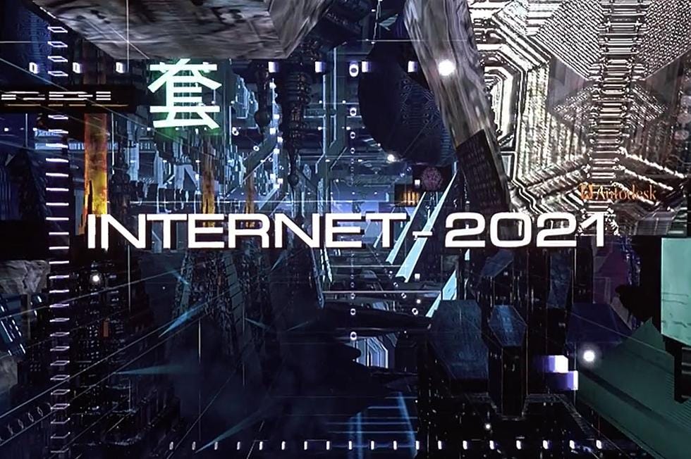 Screenshot from Johnny Mneumonic reading “Internet — 2021” with a futuristic backdrop.