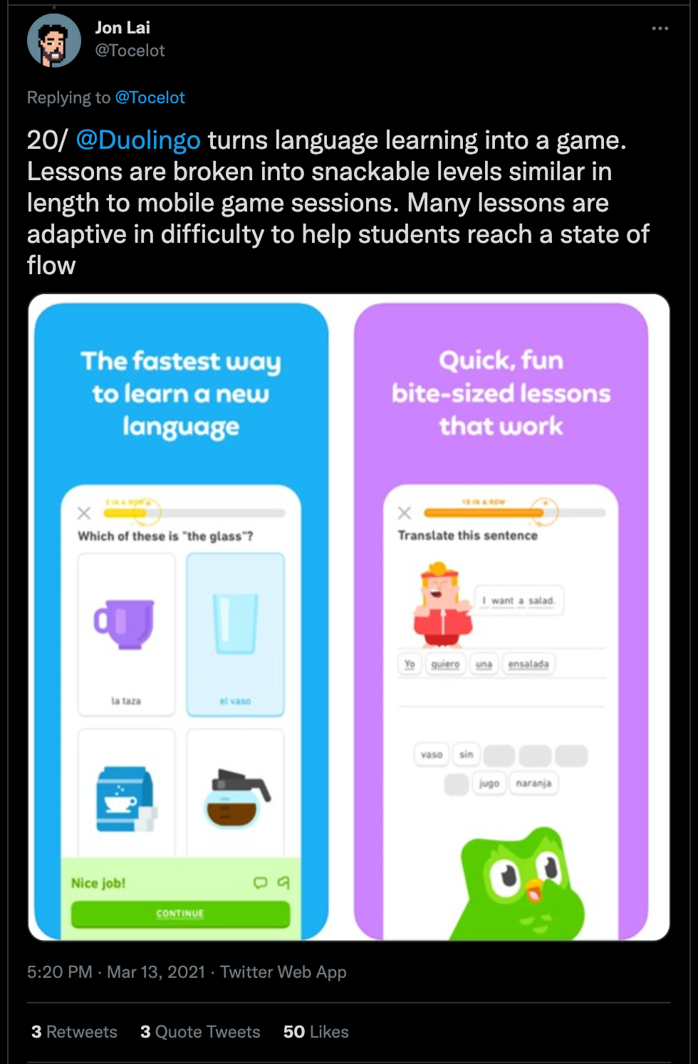 Tweet from Jon Lai, who writes that Duolingo uses gaming elements to make learning fun
