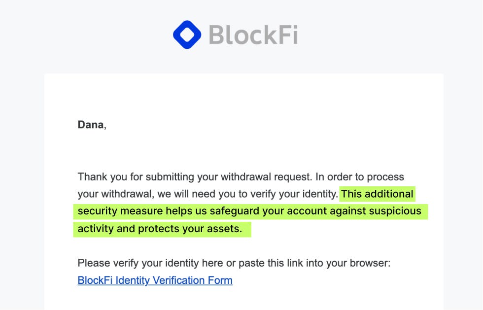 Blockfi email telling Dana that identity verification helps safeguard his account and protects his assets.