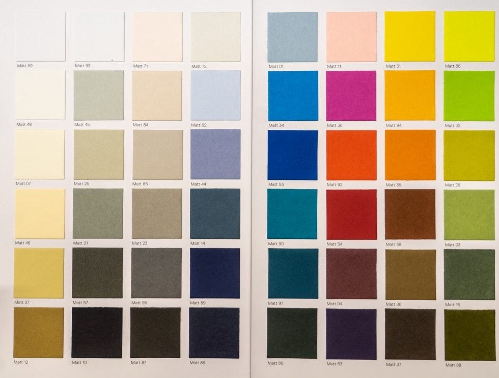 A color chart showing those hues many firms currently use (left) and those that are increasingly being rolled out by more progressive practices (right).