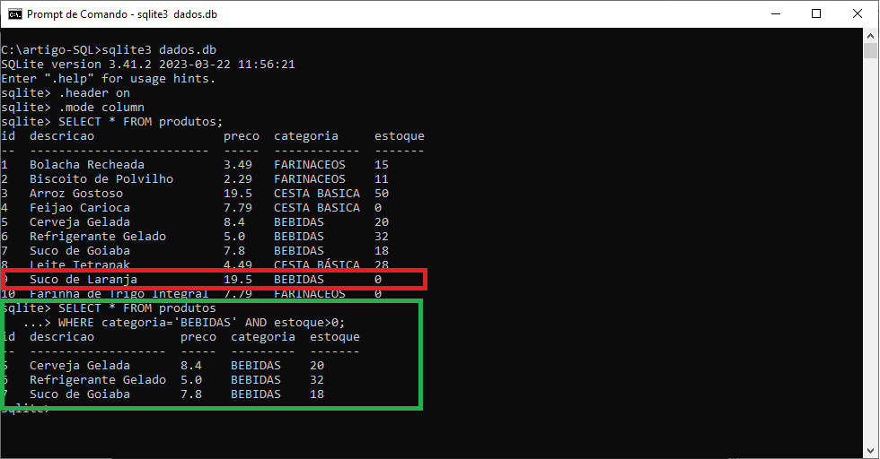 Prompt de comandos SQLite destacando o resultado obtido a partir da utilização do operador AND.