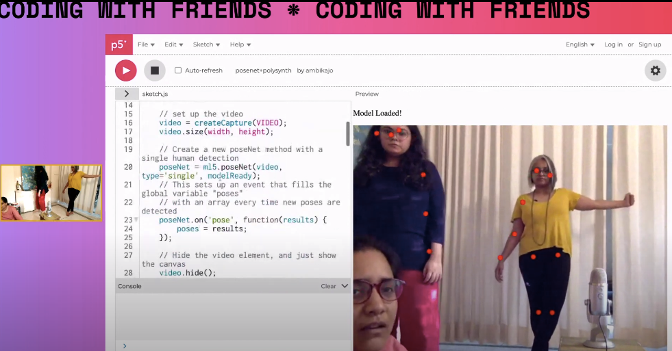 A screenshot showing the Coding with Friends platform. A stream of p5.js code appears over a purple screen. A livestream video showing Ambika, Vaibhavi, and Nanditi appears alongside the code.