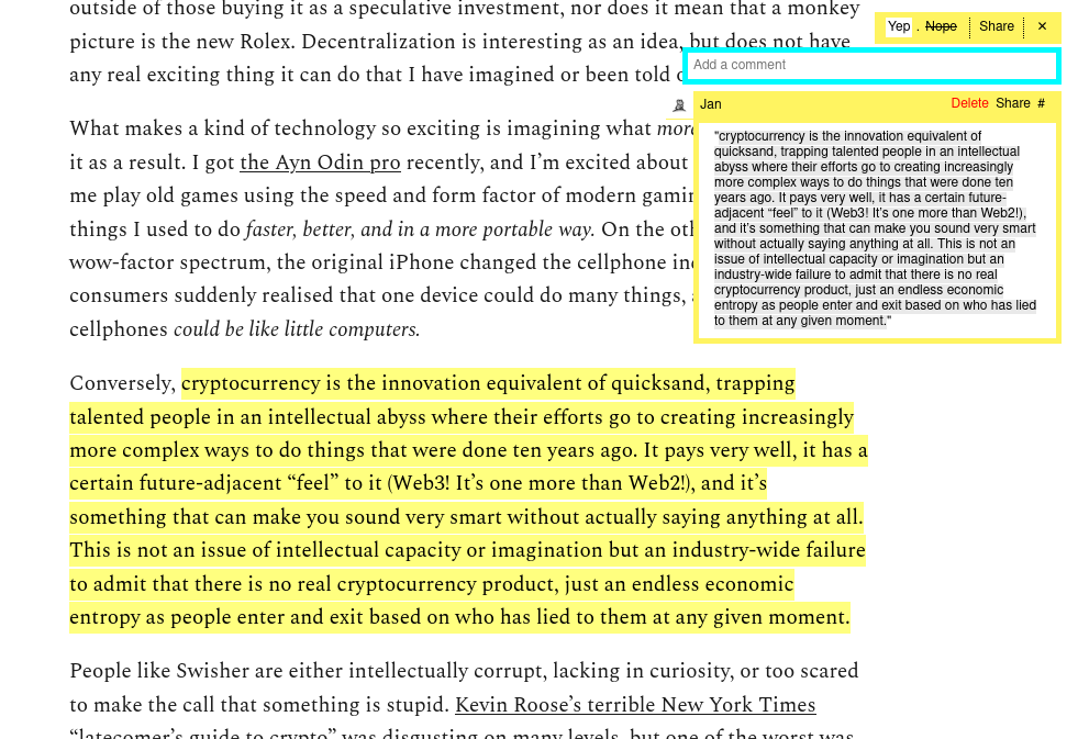 Reading overlay highlighting a quoted text in the comment]