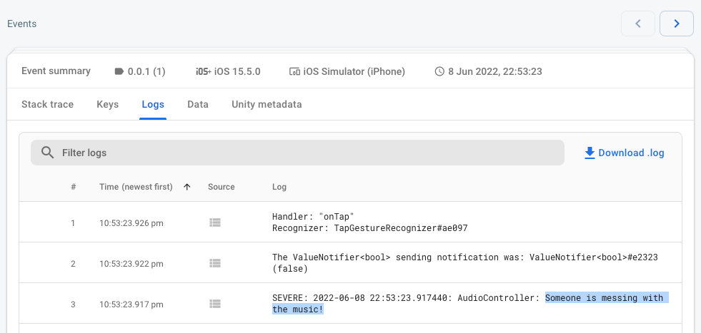 Screenshot of an events summary in Crashlytics dashboard events table with a specific event selected and the log tab selected.