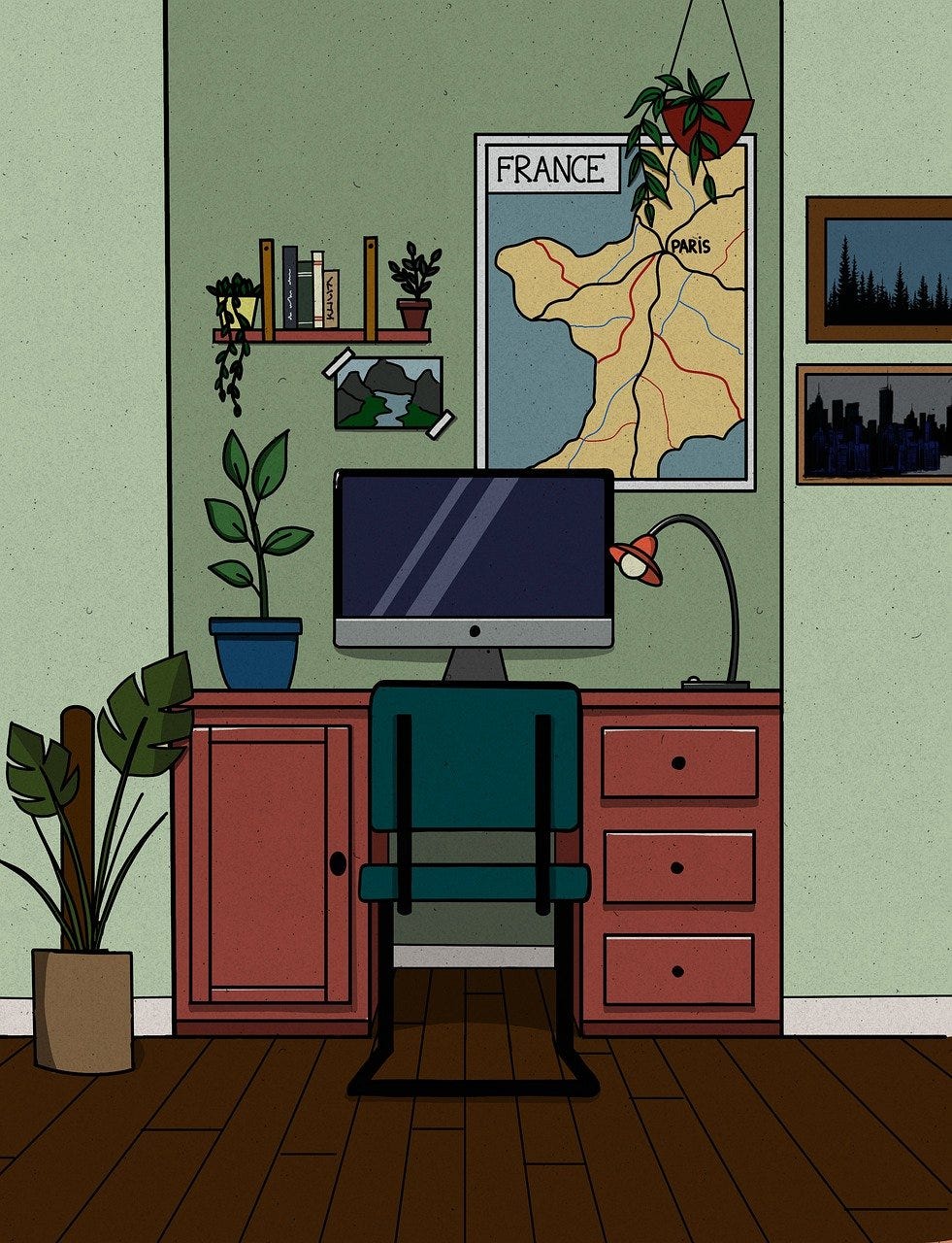 a pleasant cartoon of a computer desk in a green office.