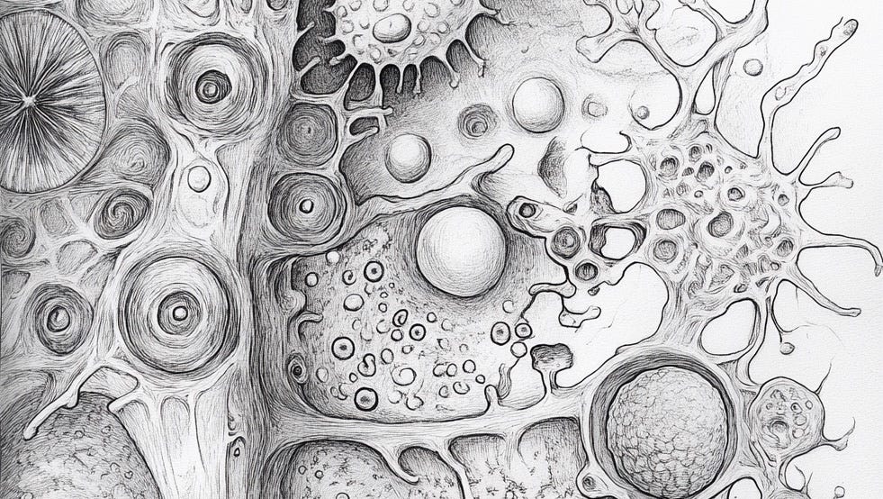 A black and white pencil sketch of cells and viruses and organic tissue. Image generated by MidJourney.