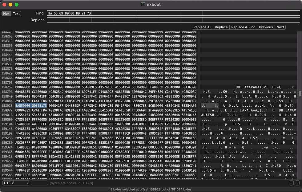 Screenshot of Hex Fiend with the nxbook file opened, showing the search results for "BA 55 09 00 00 B9 21 73"