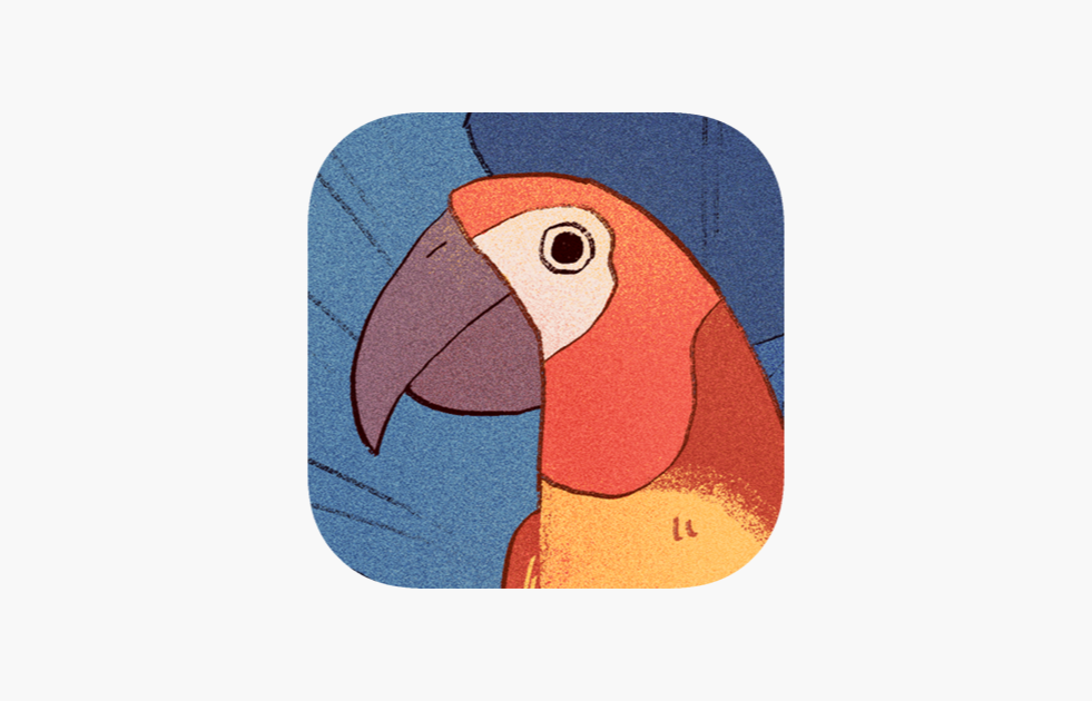 An icon for the game Bird Alone This is a square with a beautiful parrot illustration and the colors gray, orange, yellow, and red.