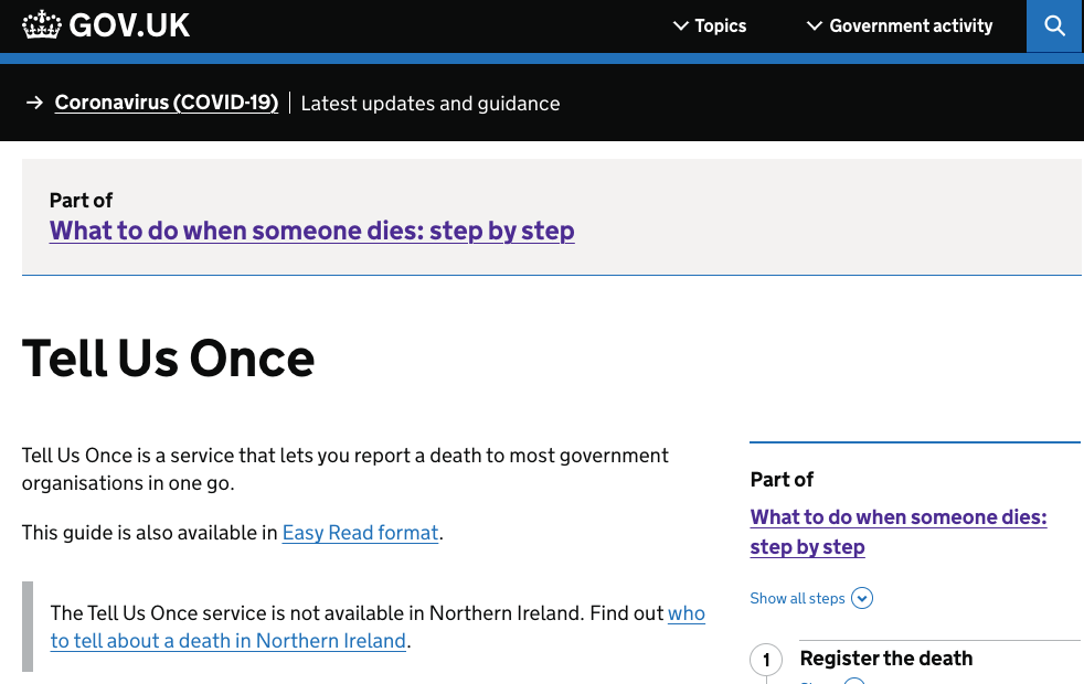 A screenshot of the Tell Us Once service on GOV.UK: https://www.gov.uk/after-a-death/organisations-you-need-to-contact-and-tell-us-once?step-by-step-nav=4f1fe77d-f43b-4581-baf9-e2600e2a2b7a