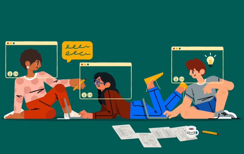 An illustration of people working together remotely.