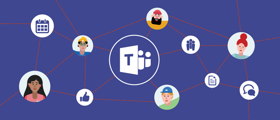 A graphic showing the Microsoft Teams logo and a network of connected users, calendars, groups, and conversational logos to demonstrate the ability of Teams to connect users and their activities.