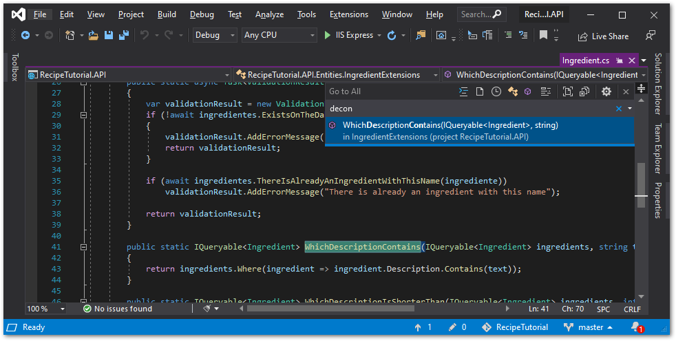 Visual Studio showing the “WhichDescriptionContains” method for the “decon” input.
