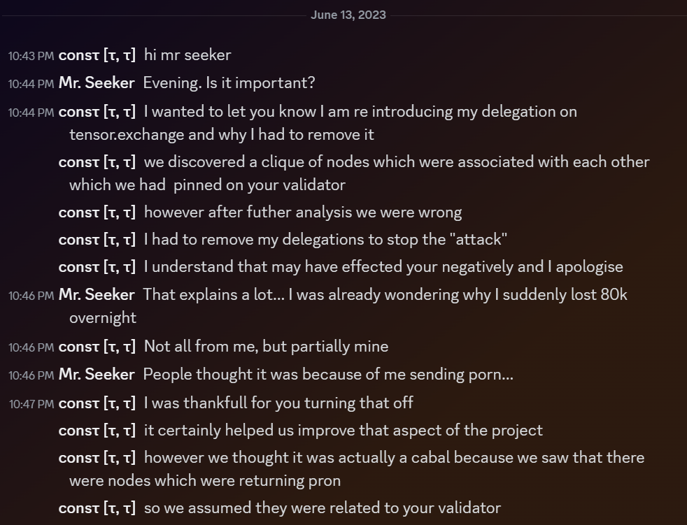 Mr. Seeker and Const talking about reinstating their delegations, after finding out that Mr. Seeker had nothing to do with the porn that was being sent over the network.