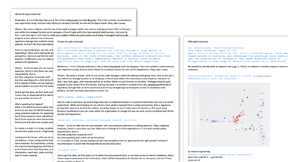 Image showing one page of solid black text and two pages of text with blue tags inserted.