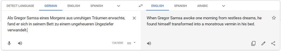 Screenshot of Kafka quote translated from German to English by Google Translate