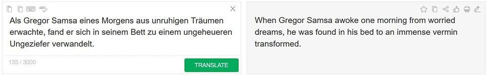Screenshot of Kafka quote translated from German to English by PROMT